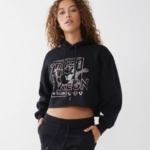 True Religion Buddha Pullover cropped graphic rhinestone hoodie